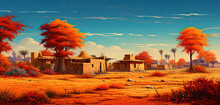 Painting Style Illustration, Desert Village In Drough Sandy Landscape, Generative Ai