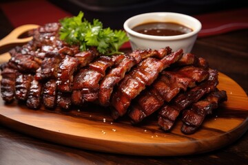 Poster - sliced bbq ribs with dipping sauce on side