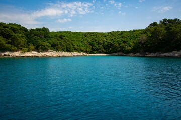 Wall Mural - Stunning shot of a tranquil blue and green body of water during the bright mid-day sun