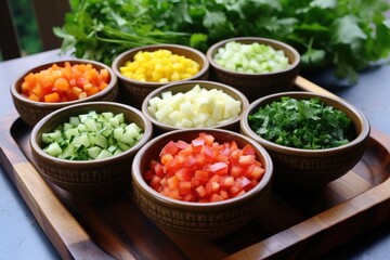 Sticker - chopped vegetables in individual bowls for gazpacho