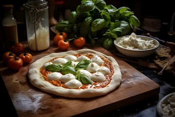 Wall Mural - Making homemade pizza topped with fresh mozzarella, showcasing the joy of cooking at home and Italian cuisine