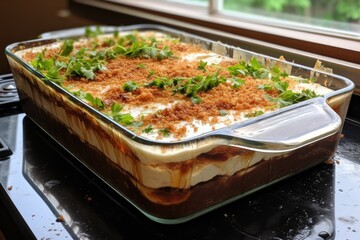 Poster - layered lasagna in baking dish, ready for oven