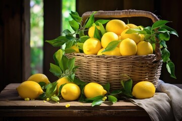 Poster - freshly picked lemons in a rustic basket on wooden table