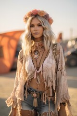 Wall Mural - a woman in coachella hippie womanish style inspired outfit and makeup. generative AI