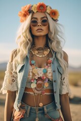 Canvas Print - a woman in coachella hippie womanish style inspired outfit and makeup. generative AI