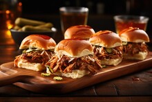 Pulled Pork Sliders With Pickles On Wooden Tray