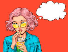 Thinking Beautiful  Woman In Glasses Drinking  Juice Using Paper Straw Against Red Background In Comic Style. Advertising Poster With Sexy Dreaming Girl With Amazed Face 
