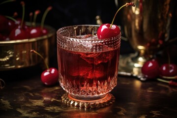 Poster - close-up of old-fashioned glass, garnished with a cherry