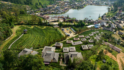 beautiful scenery landscape of Ban Rak Thai village chinese hotel and resort is the famous tourist attraction and landmark in the rain season northern of Mae Hong Son, Thailand,