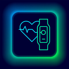 Sticker - Glowing neon line Smart watch showing heart beat rate icon isolated on black background. Fitness App concept. Colorful outline concept. Vector