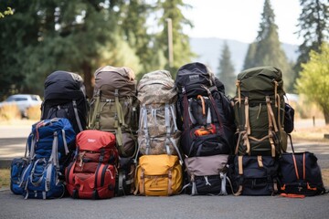 Poster - packed backpacks by a tent ready for camping