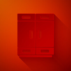 Sticker - Paper cut Wardrobe icon isolated on red background. Paper art style. Vector