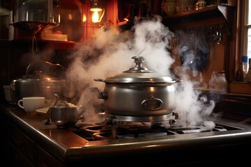 Canvas Print - steamer in action, steam rising from pot on stove