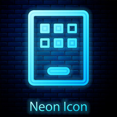 Poster - Glowing neon Graphic tablet icon isolated on brick wall background. Vector