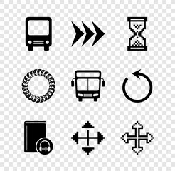 Poster - Set Bus, Arrow, Hourglass pixel, Audio book, Pixel arrows in four directions, Laurel wreath and icon. Vector