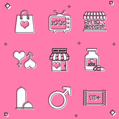 Poster - Set Shopping bag with heart, Sex tv old television, shop building, Male and female, Bottle pills for potency, Condoms safe sex and gender symbol icon. Vector