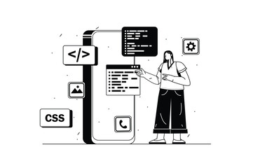 App development concept with people scene in the flat line cartoon style. A developer is testing a new mobile application. Vector illustration.