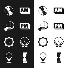 Poster - Set Clock PM, Old hourglass, AM, Time Management, and Location with clock icon. Vector