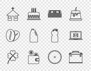 Sticker - Set line Four leaf clover, Car battery, Stacks paper money cash, Wallet with coin, Church building, Household chemicals bottle, Circular saw blade and Laptop envelope icon. Vector