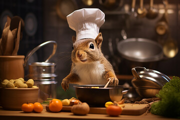 Funny squirrel with a chef's cap cooking dinner. Generative AI