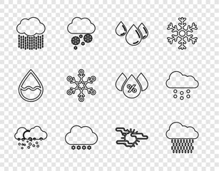 Sticker - Set line Cloud with snow, rain, Water drop, Snowflake, Fog and sun and icon. Vector