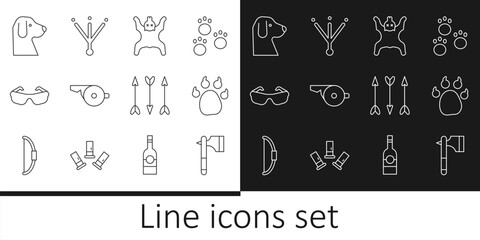 Sticker - Set line Wooden axe, Paw print, Bear skin, Whistle, Glasses, Dog, Hipster arrows and Bird footprint icon. Vector