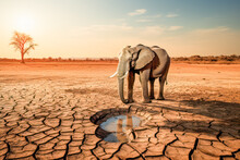 An Elephant Standing Near An Empty And Dried-up Pond During A Severe Drought, Seeking Water In A Nature Impacted By Climate Warming.