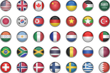 Set of flags buttons of various countries, 3d shaped and glossy