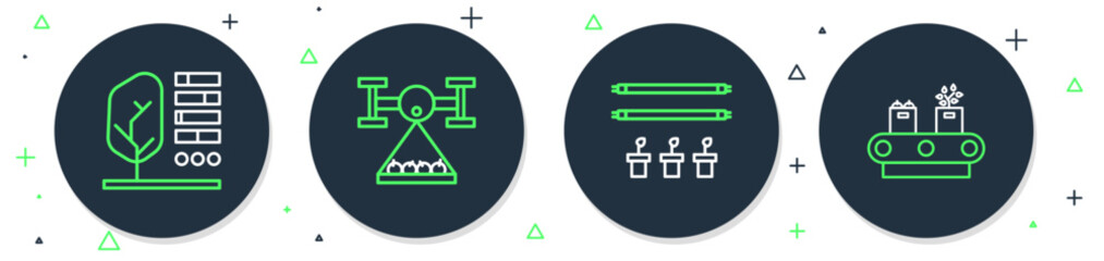 Wall Mural - Set line Smart farm with drone, bulb and plant, Plant status and Conveyor belt box icon. Vector