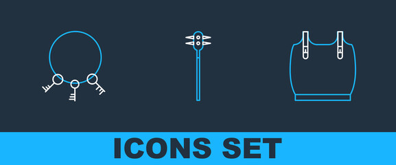 Sticker - Set line Body armor, Old keys and Medieval chained mace ball icon. Vector