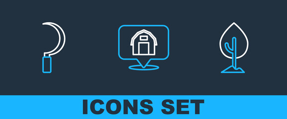 set line tree, sickle and location farm house icon. vector