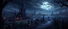 Cemetery Castle Landscape With Halloween Concept, Spooky Cemetery At Night