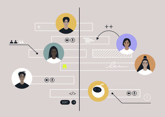 A teamwork organisational timeline scheme, a diverse group of young professionals working together on a project