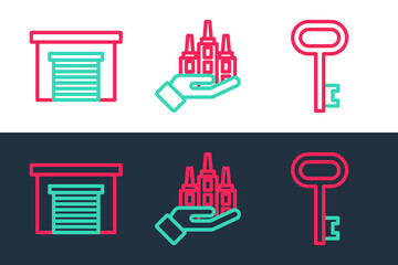 Wall Mural - Set line House key, Garage and Skyscraper icon. Vector