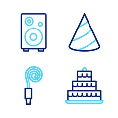 Sticker - Set line Cake with burning candles, Birthday party horn, Party hat and Stereo speaker icon. Vector