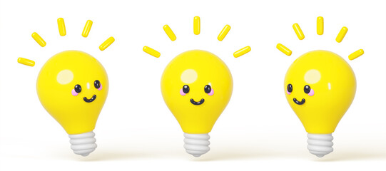 Cute light bulb kawaii character with happy face 3d render icons. Cartoon funny glowing lamp with smile, smart mascot with creative idea, yellow emoji set isolated on white background. 3D illustration