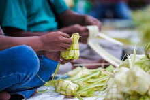 Closeup Of Ketupat Being Sold On The Roadside Of Kotagede Market, Eid Al-Fitr Celebration Concept. Traditional Food Being Made.