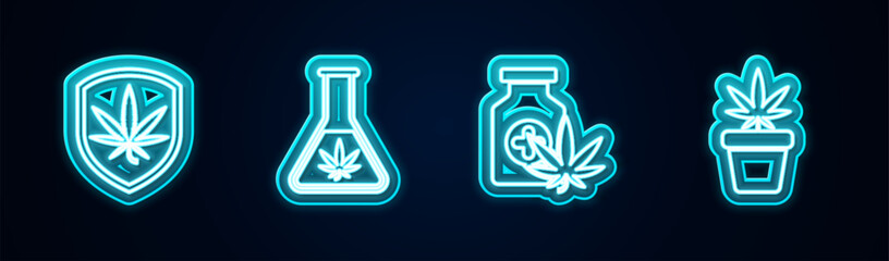 Wall Mural - Set line Shield and marijuana, Test tube with, Medical bottle and Marijuana plant in pot. Glowing neon icon. Vector