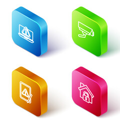 Sticker - Set Isometric line Laptop with exclamation mark, Security camera, Tablet and House under protection icon. Vector