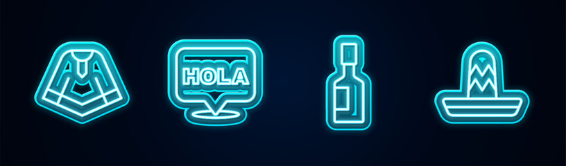 Poster - Set line Poncho, Hola, Tabasco sauce and Mexican sombrero. Glowing neon icon. Vector