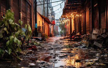 Poster - old abandoned wet alley in a poor neighborhood created with Generative AI technology