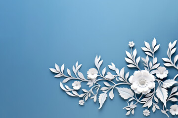 Wall Mural - Blue background with white paper cut blooming flowers empty copy space surface. Winter origami decor template banner