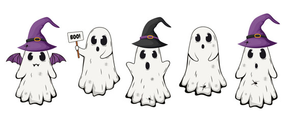 Wall Mural - Vector set of halloween ghost. Funny Hallowwen spooky creatures.Vector illustration