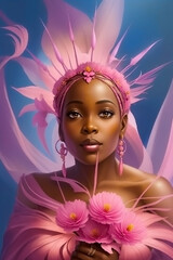 Wall Mural - portrait of a black woman holding pink flowers, blue background