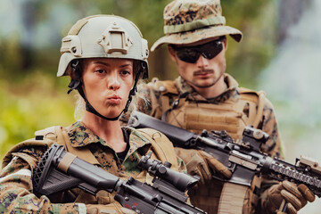 Wall Mural - Modern Warfare Soldiers Squad Running in Tactical Battle Formation Woman as a Team Leader