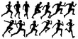 set silhouettes of people running pose