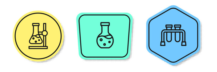 Sticker - Set line Test tube flask on stand, and . Colored shapes. Vector