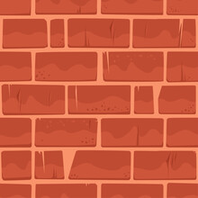 Сracked Red Brick Wall Seamless Texture, Aged  Old Background. Textured And Detailed Hand Drawn Building Blocks Asset For Design, Game UI, Wrapping Paper Or Textile