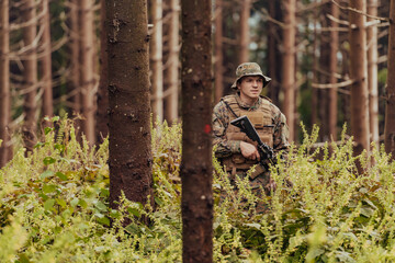 Wall Mural - A modern warfare soldier on war duty in dense and dangerous forest areas. Dangerous military rescue operations