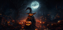  Creepy Halloween Scarecrow Backgound With Jack O' Lantern Pumpkins On The Foggy Night Street Autumn Leaves And Candles